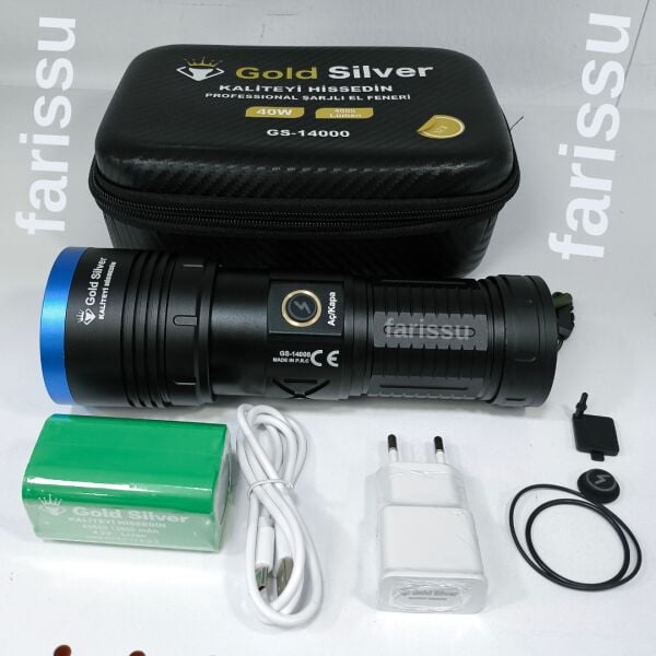 Gold Silver GS-14000 Şarjlı El Feneri | 40W 4000 Lümen | 12800 mAh Li-ion | Kamp, Avcılık & Acil Durumlar