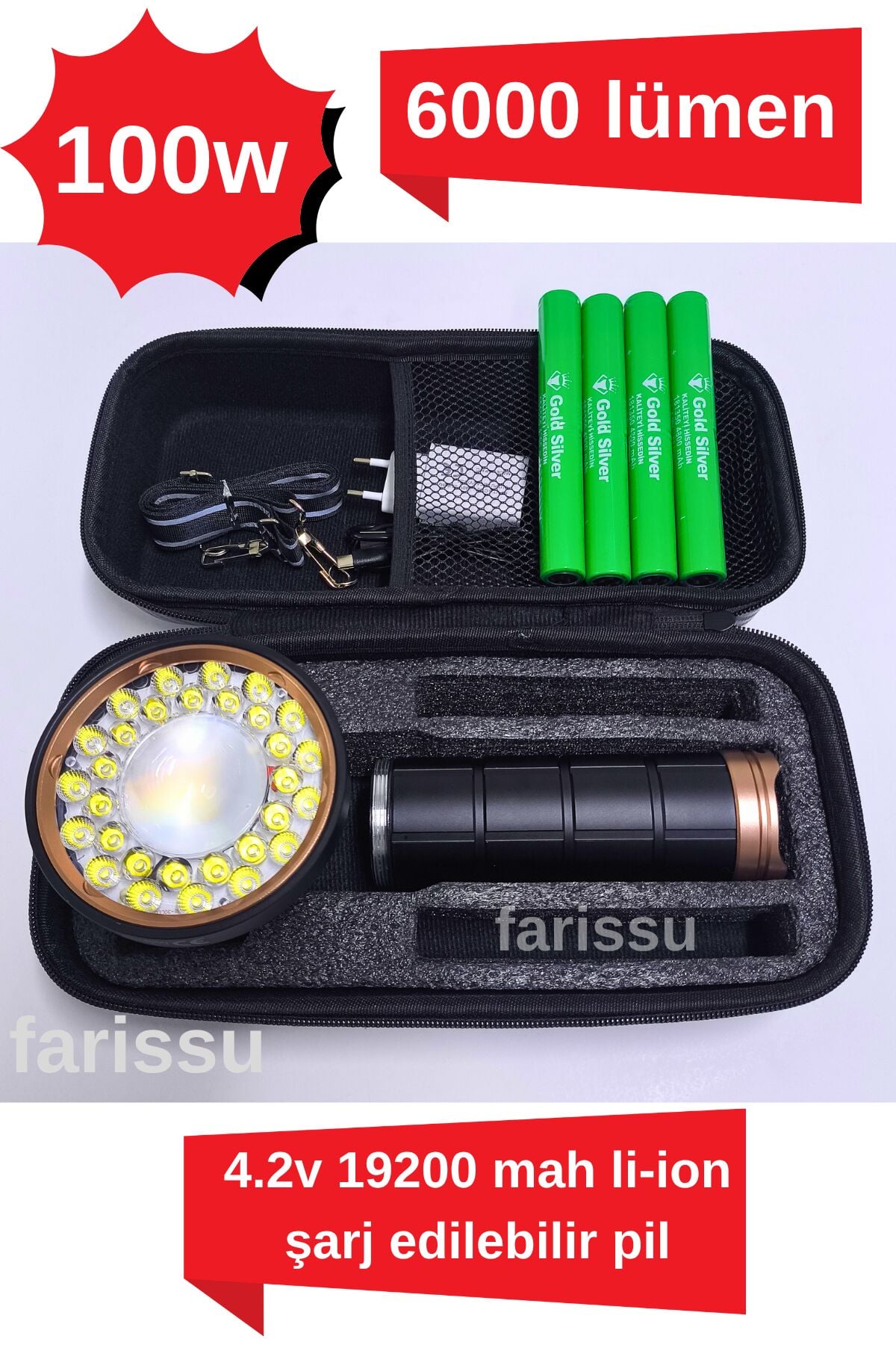 Gold Silver GS-14800 | 100W Ultra Güçlü Alüminyum El Feneri – 6000 Lümen