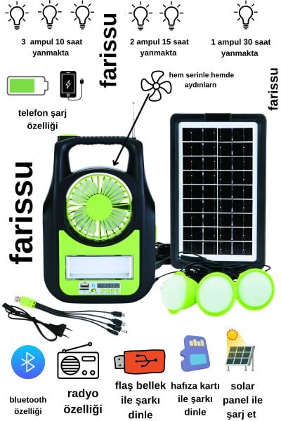 Taşınabilir Güneş Enerjili Aydınlatma Sistemi – Solar Panel, USB Şarj, Fan, Bluetooth, Radyo, 3 Ampullü Kamp Feneri
