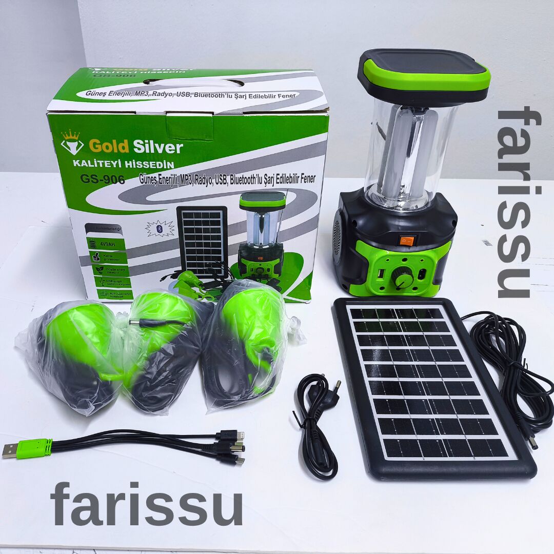 Gold Silver GS-906 Solar Enerjili Şarjlı Fener – Bluetooth, Radyo, USB, Güneş Paneli Dahil