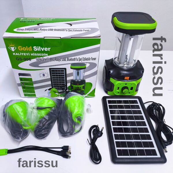 Gold Silver GS-906 Solar Enerjili Şarjlı Fener – Bluetooth, Radyo, USB, Güneş Paneli Dahil