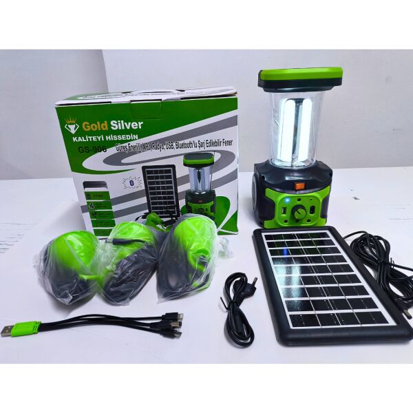 Gold Silver GS-906 Solar Enerjili Şarjlı Fener – Bluetooth, Radyo, USB, Güneş Paneli Dahil