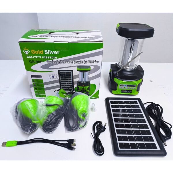 Gold Silver GS-906 Solar Enerjili Şarjlı Fener – Bluetooth, Radyo, USB, Güneş Paneli Dahil