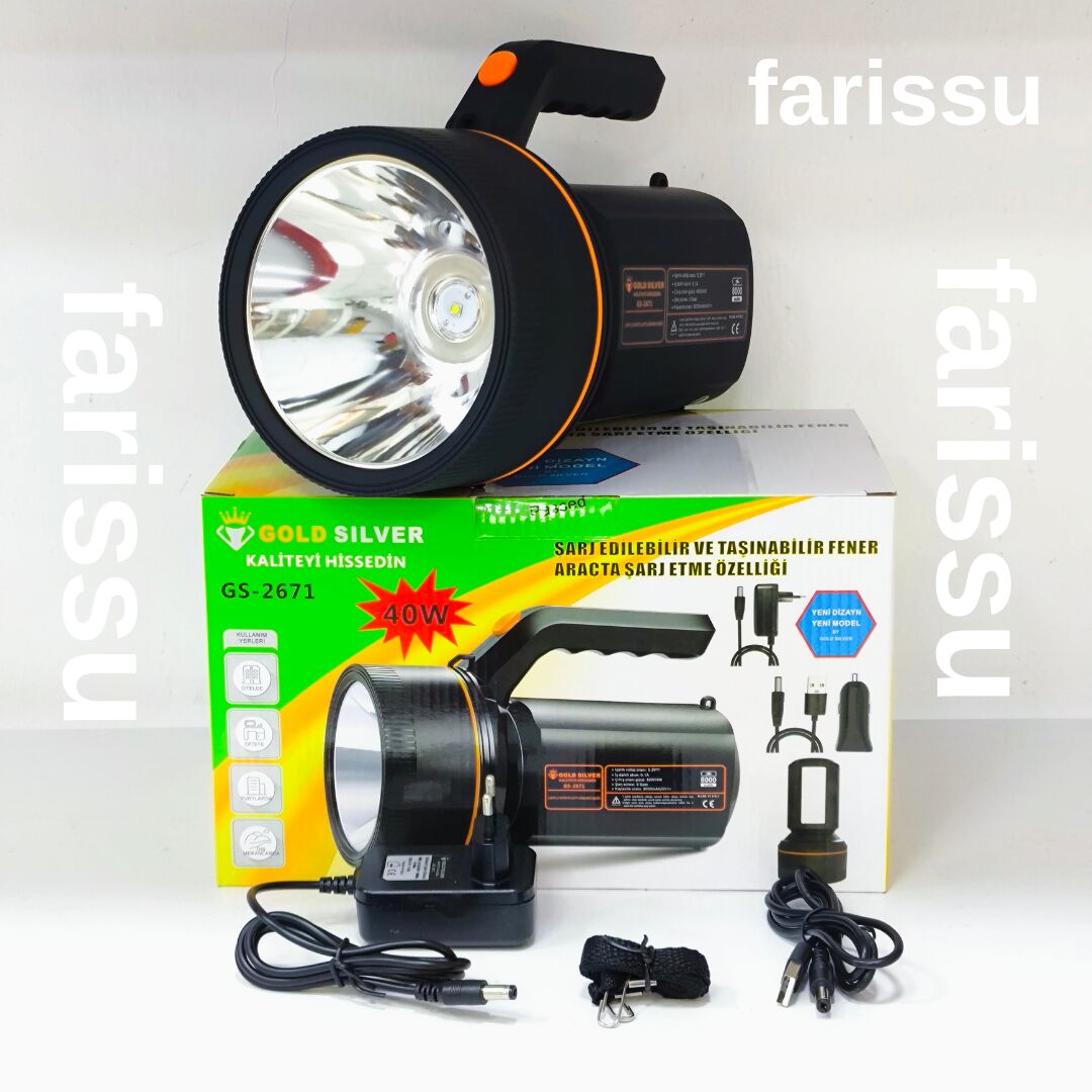 Gold Silver GS-2671 40W Şarjlı El Feneri – 8000mAh Güçlü Aydınlatma, Araçta Şarj Özellikli Taşınabilir Fener