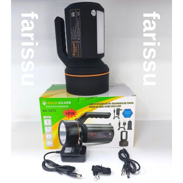 Gold Silver GS-2671 40W Şarjlı El Feneri – 8000mAh Güçlü Aydınlatma, Araçta Şarj Özellikli Taşınabilir Fener