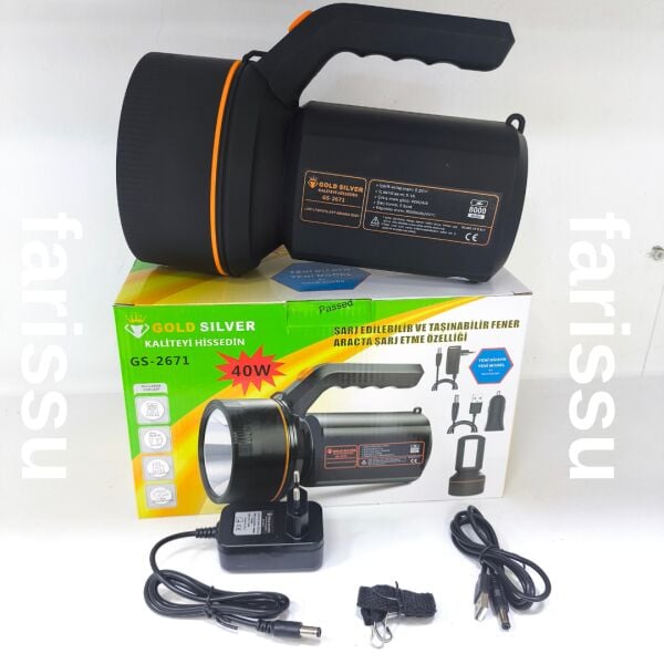 Gold Silver GS-2671 40W Şarjlı El Feneri – 8000mAh Güçlü Aydınlatma, Araçta Şarj Özellikli Taşınabilir Fener