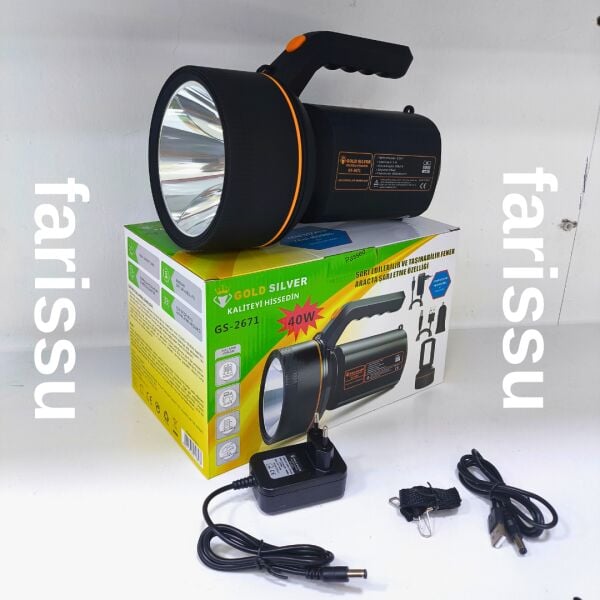 Gold Silver GS-2671 40W Şarjlı El Feneri – 8000mAh Güçlü Aydınlatma, Araçta Şarj Özellikli Taşınabilir Fener