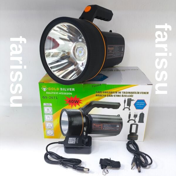 Gold Silver GS-2671 40W Şarjlı El Feneri – 8000mAh Güçlü Aydınlatma, Araçta Şarj Özellikli Taşınabilir Fener