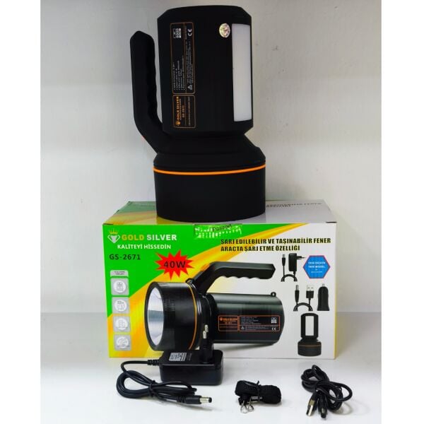 Gold Silver GS-2671 40W Şarjlı El Feneri – 8000mAh Güçlü Aydınlatma, Araçta Şarj Özellikli Taşınabilir Fener