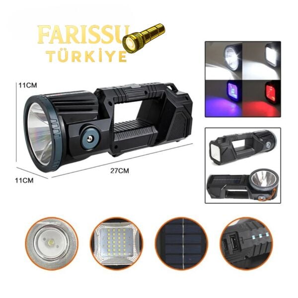 Güneş Enerjili P50 LED 180° Dönebilen Başlıklı Powerbank'li Profesyonel El Feneri & Projektör (6600mAh)