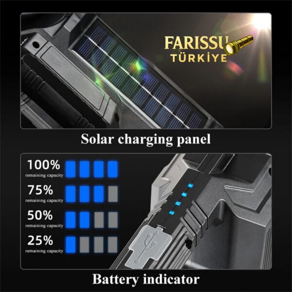 Güneş Enerjili P50 LED 180° Dönebilen Başlıklı Powerbank'li Profesyonel El Feneri & Projektör (6600mAh)