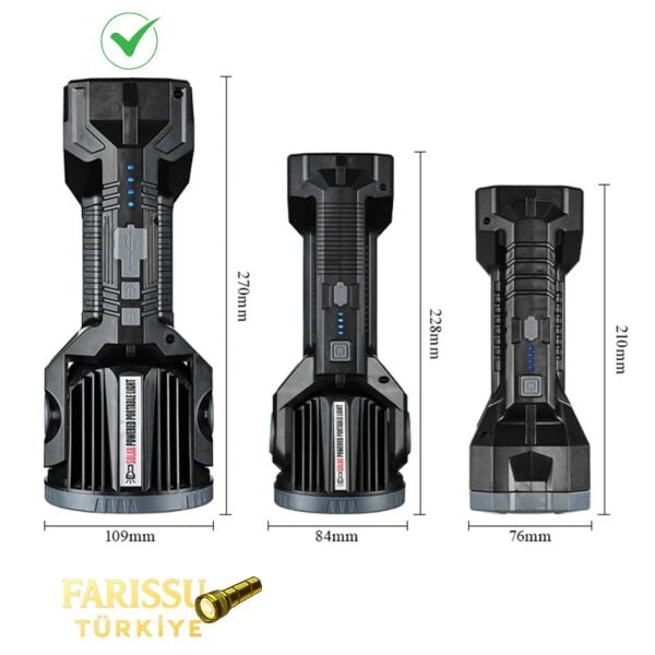 Güneş Enerjili P50 LED 180° Dönebilen Başlıklı Powerbank'li Profesyonel El Feneri & Projektör (6600mAh)