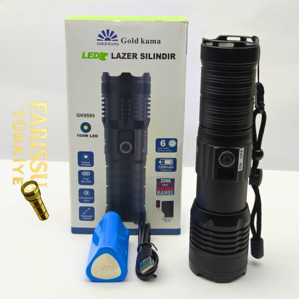 GK9595 100W Lazer LED Profesyonel El Feneri - 7200mAh Powerbank Özellikli, 2200m Menzil, Zoomlu