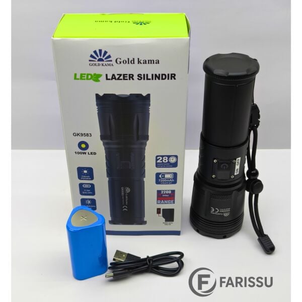 100W Lazer LED El Feneri - 2200 Metre Menzil, 7200mAh Powerbank Özellikli, Dijital Göstergeli ve 5 Mod