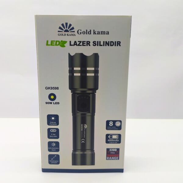 GK9598 90W Ultra Güçlü LED Lazer El Feneri – 2200 Metre Menzil – 5800 mAh Batarya + Yedek Pil Hediyeli