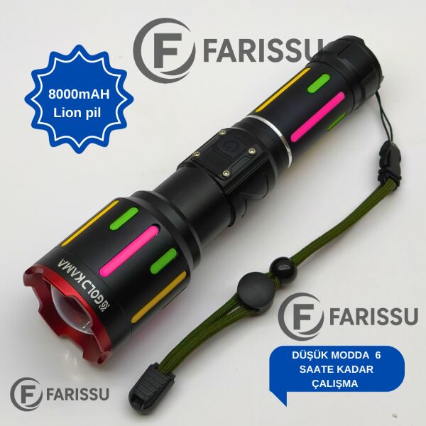 Goldkama P90 50W 5000 Lümen Profesyonel Taktik El Feneri - 1 KM Menzil, 8000mAh Bataryalı ve Zoomlu