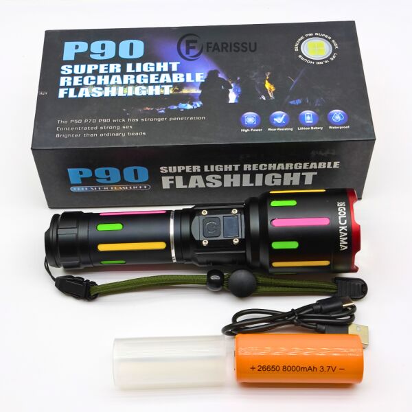 Goldkama P90 50W 5000 Lümen Profesyonel Taktik El Feneri - 1 KM Menzil, 8000mAh Bataryalı ve Zoomlu
