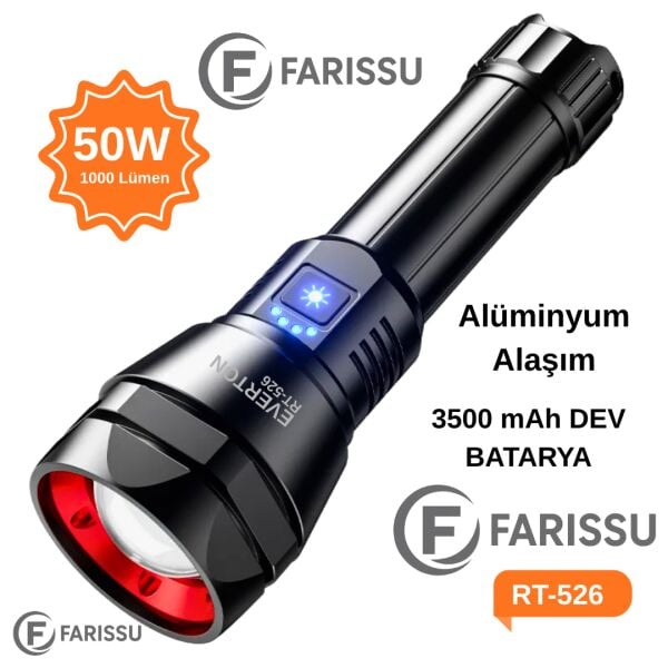 RT-526 50W Profesyonel Uzun Menzilli Şarjlı LED El Feneri – Powerbank Özellikli, 3500mAh