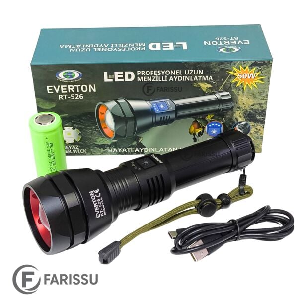 RT-526 50W Profesyonel Uzun Menzilli Şarjlı LED El Feneri – Powerbank Özellikli, 3500mAh