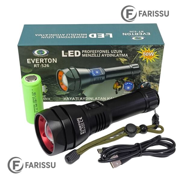 RT-526 50W Profesyonel Uzun Menzilli Şarjlı LED El Feneri – Powerbank Özellikli, 3500mAh