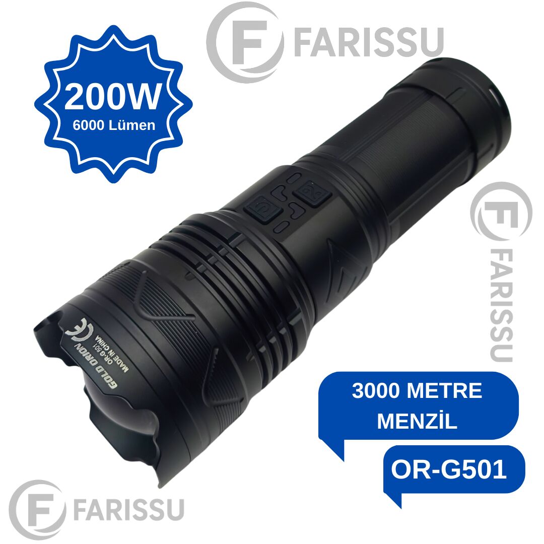 OR-G501: Geceyi Gündüze Çeviren 3 KM Menzilli Dev Projektör Fener (Powerbank Özellikli Full Set)