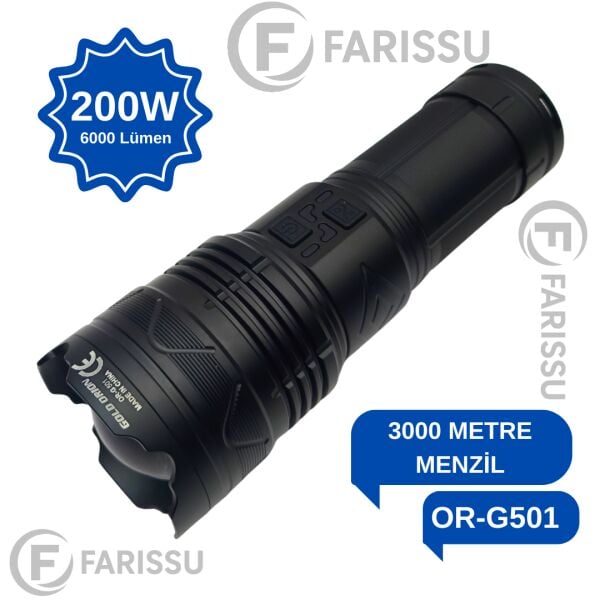 OR-G501: Geceyi Gündüze Çeviren 3 KM Menzilli Dev Projektör Fener (Powerbank Özellikli Full Set)