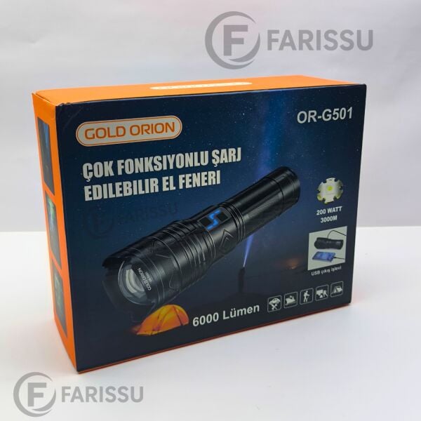 OR-G501: Geceyi Gündüze Çeviren 3 KM Menzilli Dev Projektör Fener (Powerbank Özellikli Full Set)