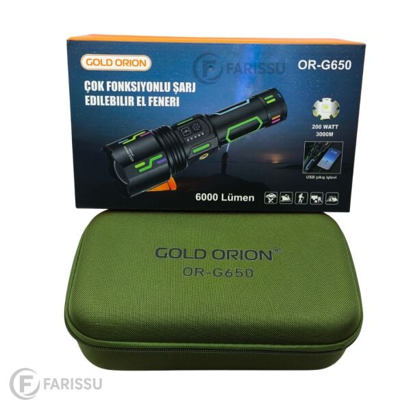 OR-G650 Ultra Güçlü Şarjlı El Feneri | 3 KM Menzil, Powerbank Özellikli, Zoomlu ve Özel Çantalı (200 Watt)