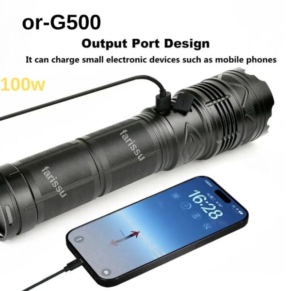 OR-G500 100W Ultra Güçlü Şarj Edilebilir El Feneri - Powerbank Özellikli, 1000 Metre Teleskopik Zoomlu
