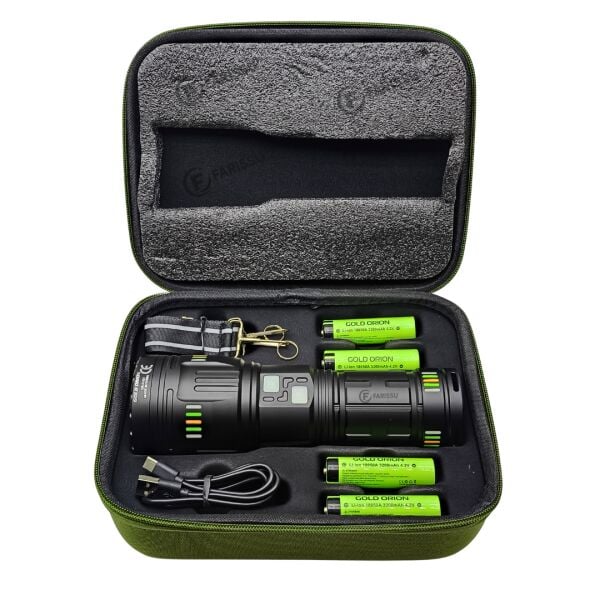 200W Süper Güçlü Lazer LED El Feneri - 6000 Lümen, 3000m Menzil ve Powerbank Özellikli (4 Pilli Set)