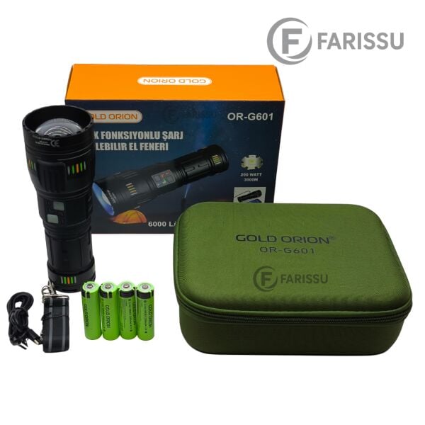 200W Süper Güçlü Lazer LED El Feneri - 6000 Lümen, 3000m Menzil ve Powerbank Özellikli (4 Pilli Set)