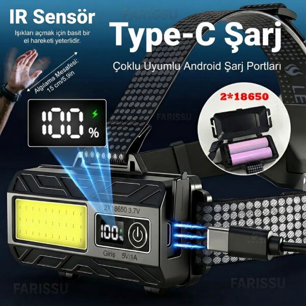 Sensörlü 30W Çift Işık (Sarı & Beyaz) Şarjlı Kafa Feneri - 10 Saate Varan Pil Ömrü ve Zoom Özellikli