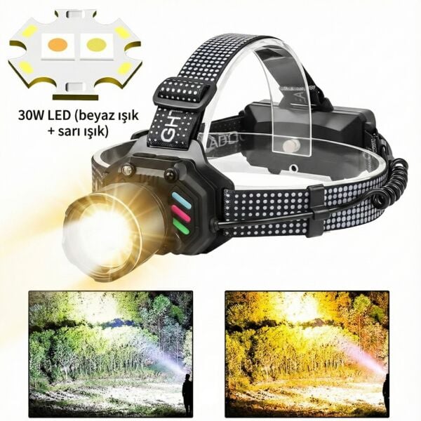 Sensörlü 30W Çift Işık (Sarı & Beyaz) Şarjlı Kafa Feneri - 10 Saate Varan Pil Ömrü ve Zoom Özellikli