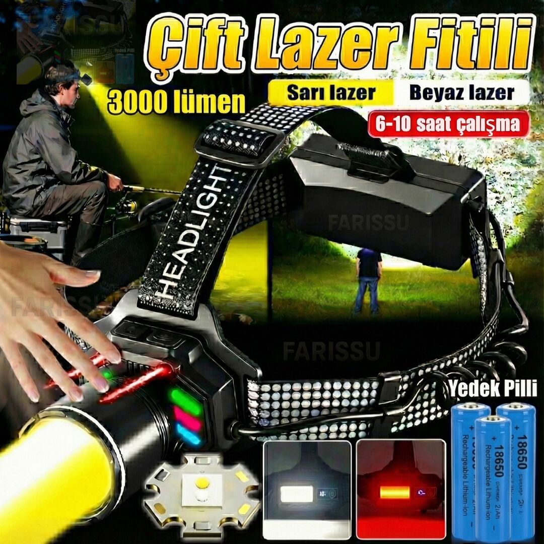 4 Pilli Set! 3000 Lümen Çift Işık (Sarı/Beyaz) Şarjlı Kafa Feneri - Sensörlü, Type-C ve Yedek Pilli