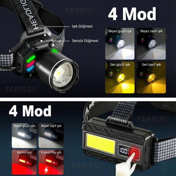4 Pilli Set! 3000 Lümen Çift Işık (Sarı/Beyaz) Şarjlı Kafa Feneri - Sensörlü, Type-C ve Yedek Pilli