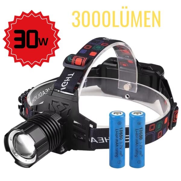 1 KM Menzilli 3000 Lümen Şarjlı Kafa Feneri - 30W Güç,  IPX-7 Suya Dayanıklı Kamp/Av Feneri