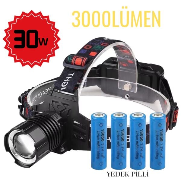 30W Ultra Güçlü Kafa Lambası (3000 Lümen) + 2 Adet Yedek Pil Hediye!