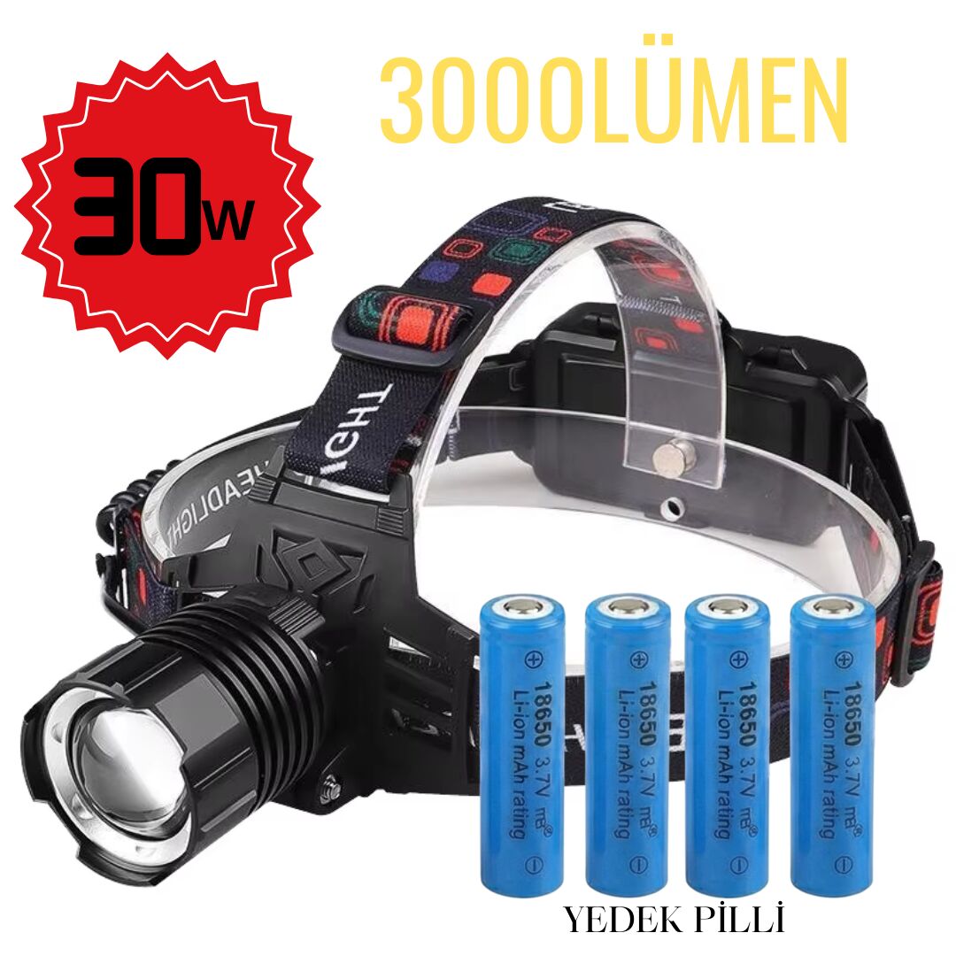 30W Ultra Güçlü Kafa Lambası (3000 Lümen) + 2 Adet Yedek Pil Hediye!