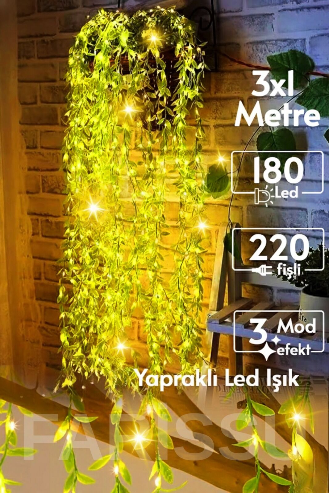 Alaska 3x1 Metre Yapay Sarmaşık Perde LED Işık - 10 Sarkıtlı Fişli Dekoratif Günışığı Aydınlatma