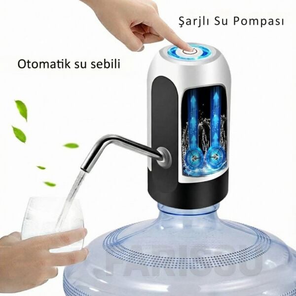 ALASKA Şarjlı Otomatik Damacana Su Pompası – USB Kablolu, Dokunmatik,  Pratik Su Sebili