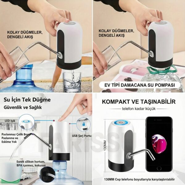 ALASKA Şarjlı Otomatik Damacana Su Pompası – USB Kablolu, Dokunmatik,  Pratik Su Sebili