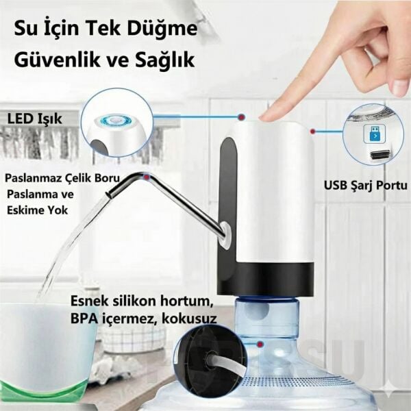 ALASKA Şarjlı Otomatik Damacana Su Pompası – USB Kablolu, Dokunmatik,  Pratik Su Sebili