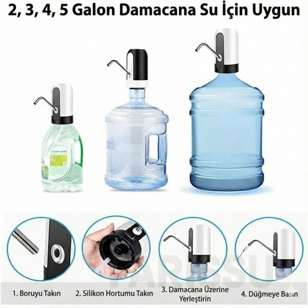 ALASKA Şarjlı Otomatik Damacana Su Pompası – USB Kablolu, Dokunmatik,  Pratik Su Sebili