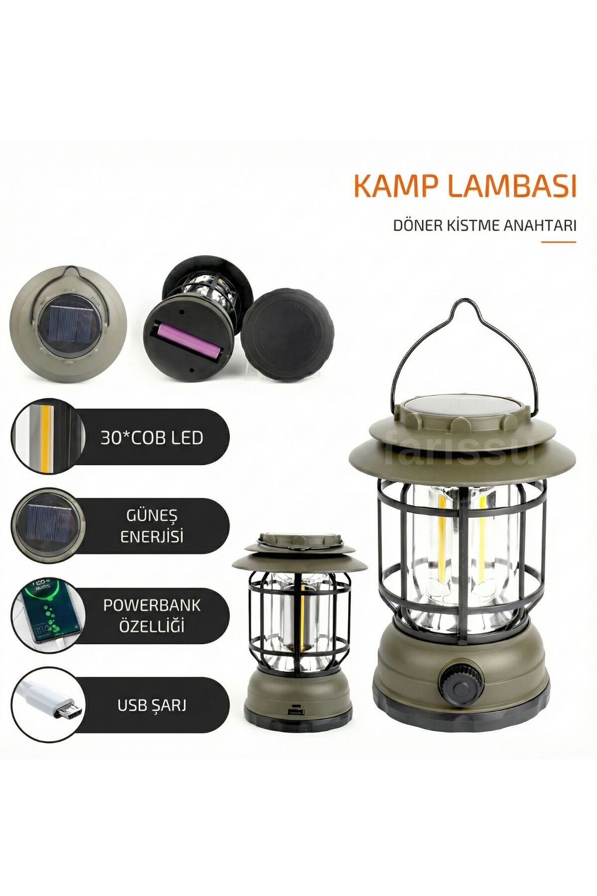 Alaska Retro Tasarım Solar Güneş Enerjili ve USB Şarjlı Kamp Lambası - Ayarlanabilir Işık Şiddeti