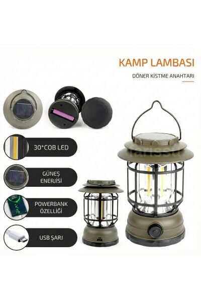 Alaska Retro Tasarım Solar Güneş Enerjili ve USB Şarjlı Kamp Lambası - Ayarlanabilir Işık Şiddeti