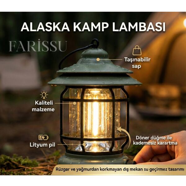 Alaska Retro Şarjlı Kamp Lambası - IPX4 Su Geçirmez, Dimmer Ayarlı, 1200mAh LED Fener