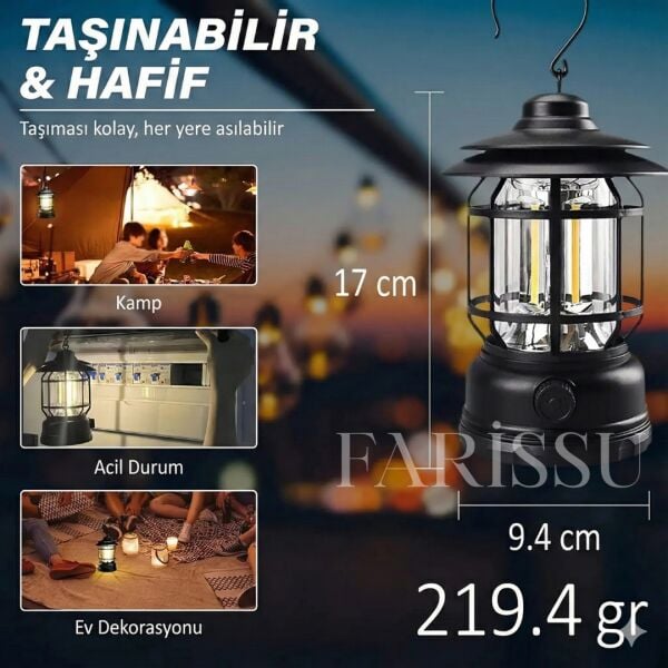 Alaska Retro Şarjlı Kamp Lambası - IPX4 Su Geçirmez, Dimmer Ayarlı, 1200mAh LED Fener