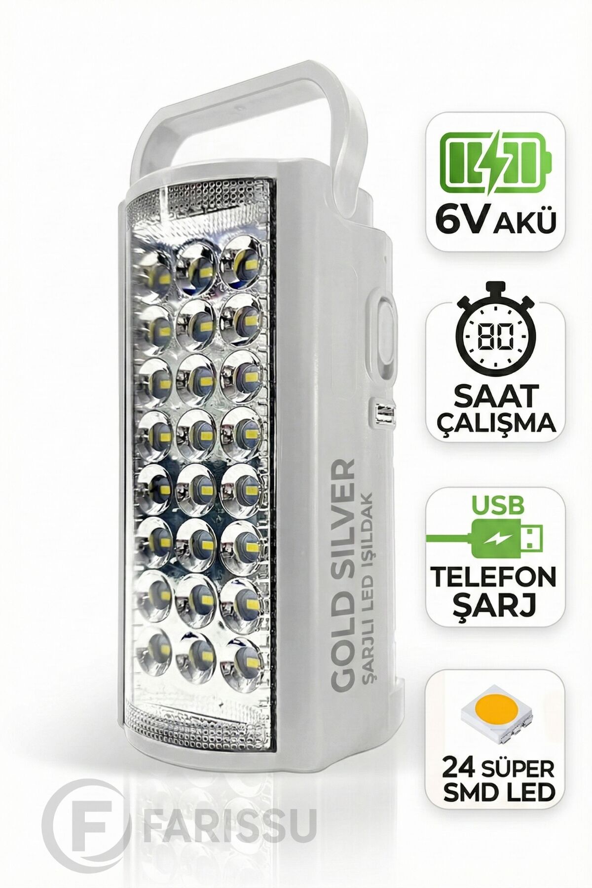 Gold Silver GS-2400 Şarjlı 24 LED Işıldak & Powerbank - 80 Saat Aydınlatma (Telefon Şarj Eder)