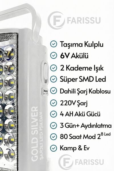Gold Silver GS-2400 Şarjlı 24 LED Işıldak & Powerbank - 80 Saat Aydınlatma (Telefon Şarj Eder)