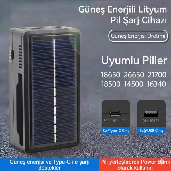 Güneş Enerjili Çoklu Pil Şarj Cihazı ve Powerbank - 18650/26650 Uyumlu